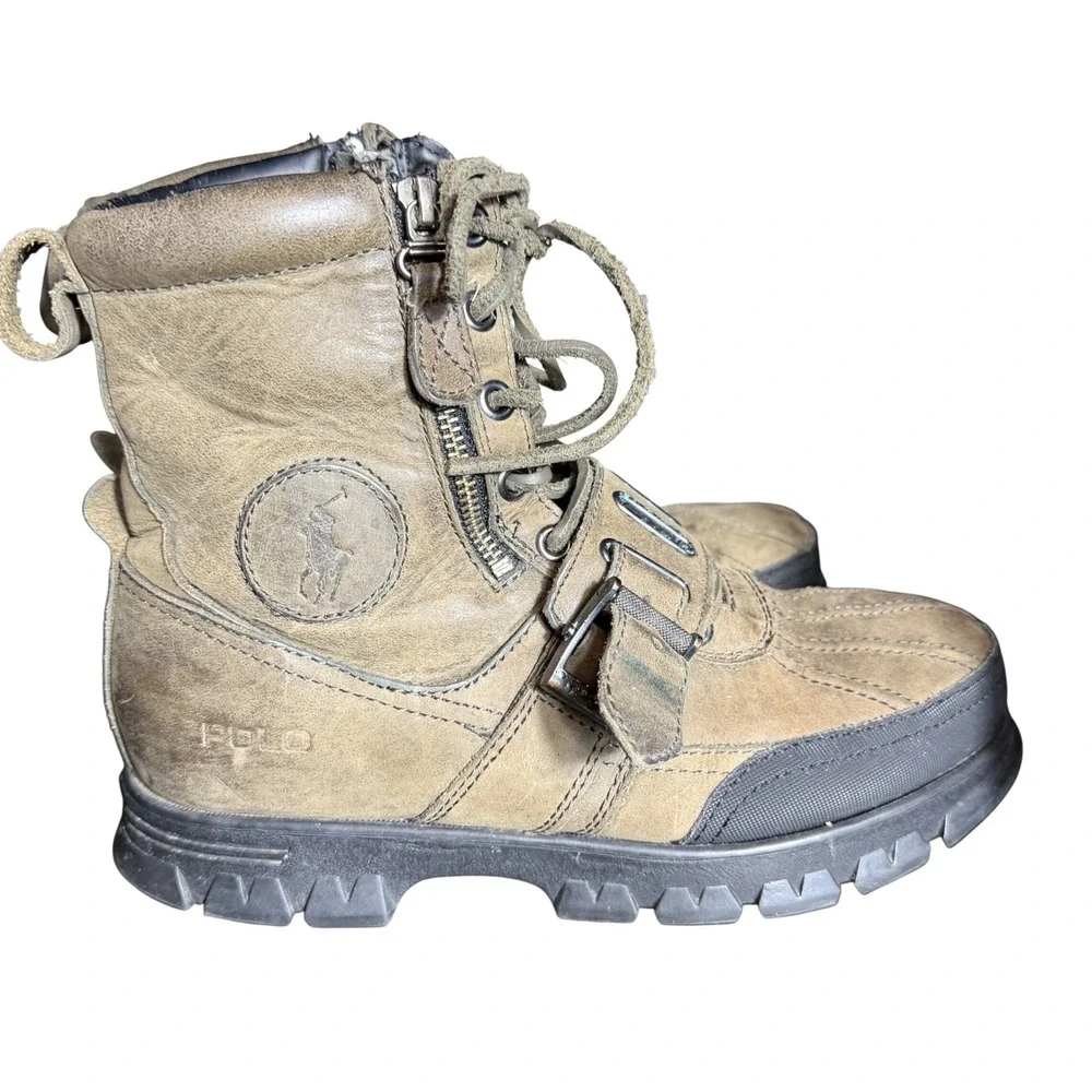 Vintage Polo Ralph Lauren Andres Leather Combat Boots Brown Olive 7D Buckle Zip